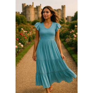 August Sky Smocked Maxi Dress Blue Ruffle Sleeve L Cottagecore Quiet Luxury